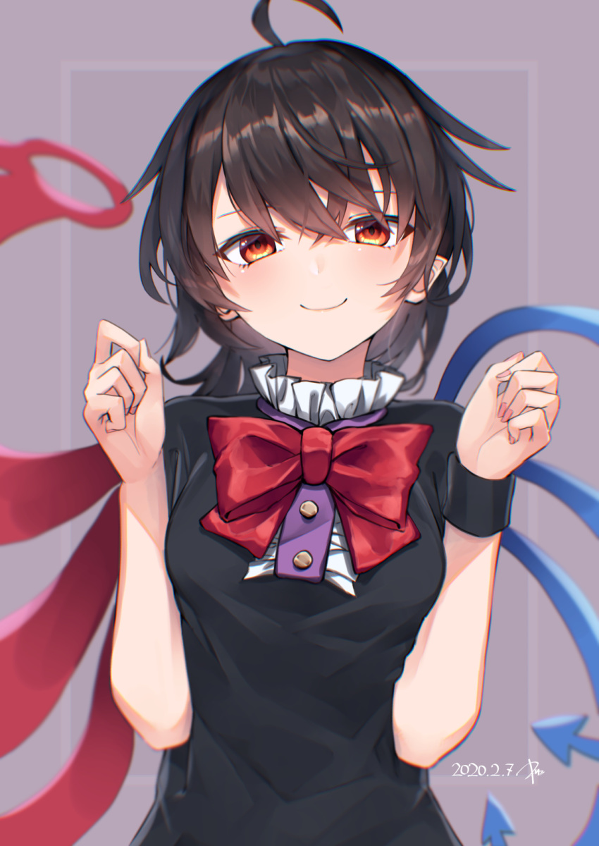 1girl ahoge asymmetrical_wings bangs black_dress black_hair blush bow bowtie breasts closed_mouth commentary_request dated dress eyebrows_visible_through_hair frilled_dress frills hands_up highres houjuu_nue kisamu_(ksmz) looking_at_viewer nail_polish pink_nails pointy_ears purple_background red_bow red_eyes red_neckwear short_hair short_sleeves signature small_breasts smile solo touhou upper_body wings