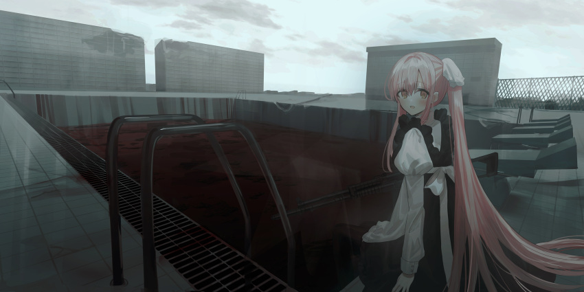 1girl :d apron bangs black_dress blush brown_eyes building chihuri clouds day dress eyebrows_visible_through_hair hair_between_eyes hair_ribbon highres juliet_sleeves long_sleeves looking_at_viewer looking_back open_mouth original outdoors pink_hair ponytail pool pool_ladder pool_of_blood puffy_sleeves ribbon ruins shirt sky sleeveless sleeveless_dress smile solo waist_apron weapon_request white_apron white_ribbon white_shirt yana_(chihuri)