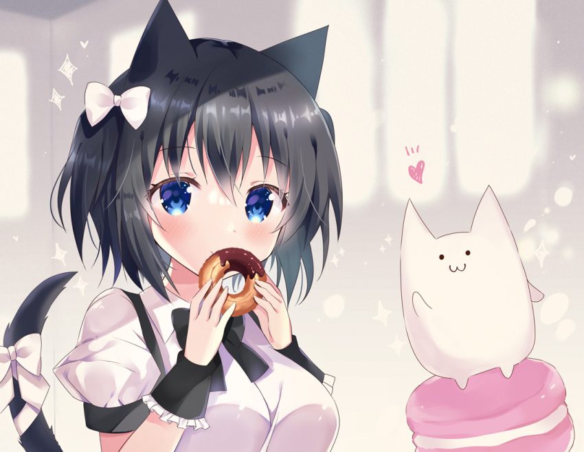 1girl animal_ears bangs bitter_crown black_hair blue_eyes blush bow breasts cat_ears cat_girl cat_tail closed_mouth collared_shirt commentary_request doughnut eyebrows_visible_through_hair food hair_between_eyes hair_bow hands_up heart holding holding_food macaron medium_breasts original puffy_short_sleeves puffy_sleeves shirt short_sleeves smile solo sparkle tail tail_bow tail_ornament tail_raised two_side_up upper_body white_bow white_shirt