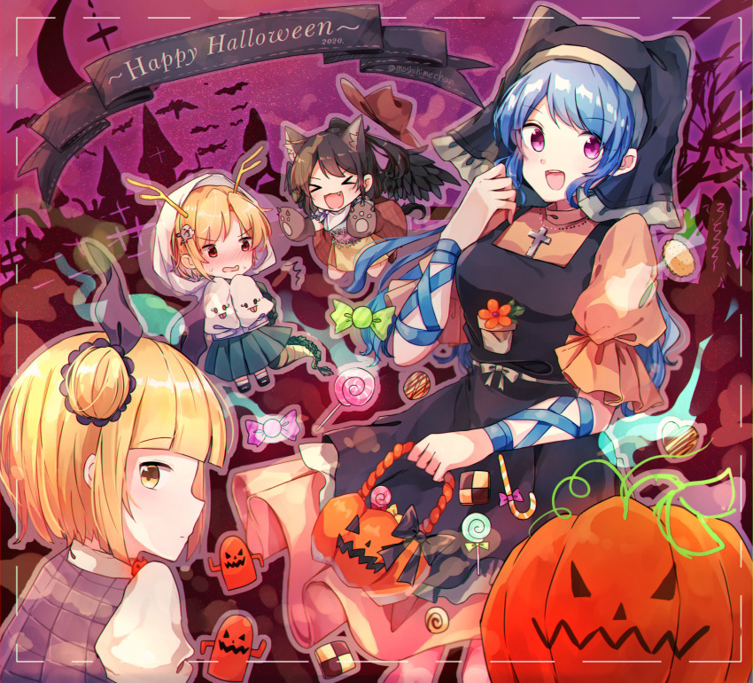 4girls absurdres black_hair blonde_hair blue_hair blush candy costume food halloween halloween_costume haniyasushin_keiki hat highres huge_filesize joutouguu_mayumi kicchou_yachie kurokoma_saki lollipop looking_at_viewer moshihimechan multiple_girls open_mouth pumpkin touhou