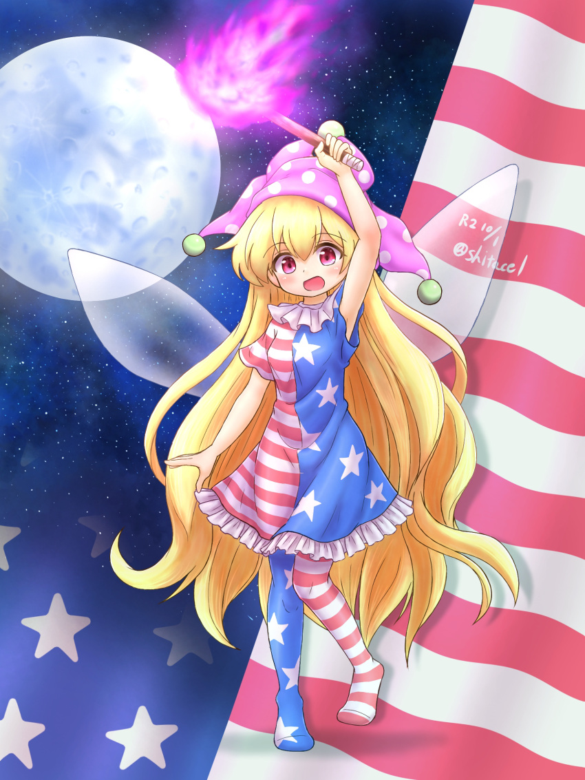1girl :d american_flag american_flag_dress arm_above_head artist_name bangs blonde_hair blush breasts clownpiece commentary_request dated eyebrows_visible_through_hair fire flame full_body hat highres holding holding_torch jester_cap long_hair looking_at_viewer moon neck_ruff night night_sky no_shoes open_mouth polka_dot purple_headwear shitacemayo short_sleeves sky small_breasts smile solo standing star_(sky) star_(symbol) star_print torch touhou very_long_hair