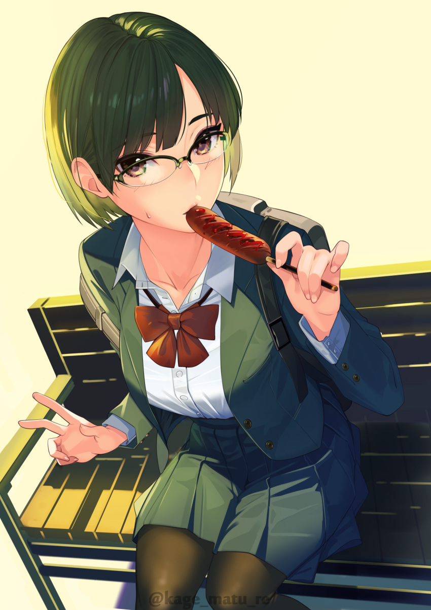 1girl absurdres bench black_legwear blazer blue_jacket blue_skirt bob_cut bow bowtie collarbone commentary dress_shirt eating food foreshortening glasses green_hair highres holding holding_food hot_dog jacket kagematsuri ketchup looking_at_viewer looking_up open_blazer open_clothes open_jacket original pantyhose pleated_skirt red_bow red_neckwear school_uniform semi-rimless_eyewear shadow shirt short_hair simple_background sitting skirt solo stick sweatdrop uniform v violet_eyes white_shirt yellow_background