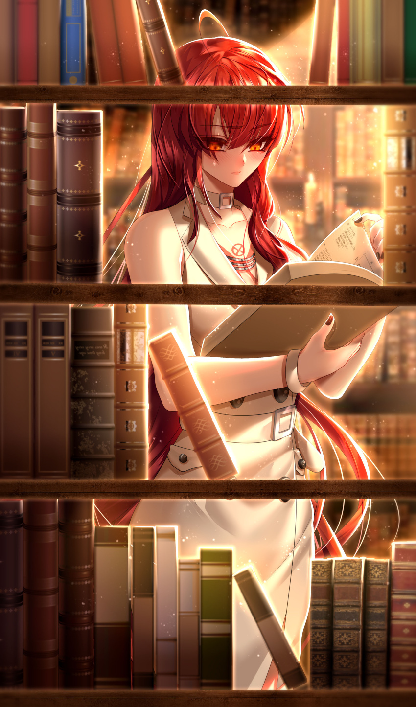 1girl absurdres ahoge bangs been belt black_nails blush book bookshelf bracelet buckle choker closed_mouth coat coat_dress collarbone dress dust_particles elesis_(elsword) elsword eyebrows_visible_through_hair hair_between_eyes highres holding jewelry library long_hair nail_polish orange_eyes reading redhead shiny shiny_hair sleeveless sleeveless_dress solo standing sunlight sweatdrop very_long_hair white_belt white_choker white_coat