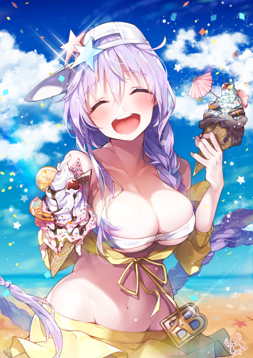 1girl bb_(fate)_(all) bb_(swimsuit_mooncancer)_(fate) beach blue_sky blush braid breasts character_name closed_eyes clouds collarbone day eyebrows_visible_through_hair fate/grand_order fate_(series) food hat highres ice_cream kanola_u large_breasts long_hair navel ocean open_mouth purple_hair single_braid sky smile solo star_(symbol) swimsuit white_headwear