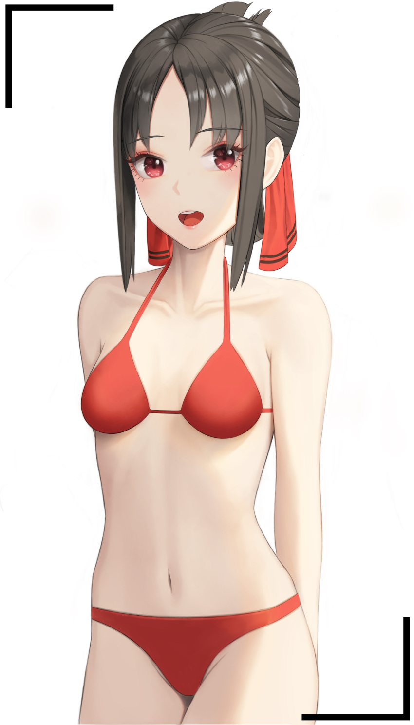 1girl :d absurdres arms_behind_back bangs bare_arms bare_shoulders bikini blush breasts brown_hair collarbone commentary_request cowboy_shot eyebrows_visible_through_hair hair_ribbon halter_top halterneck highres kaguya-sama_wa_kokurasetai_~tensai-tachi_no_renai_zunousen~ looking_at_viewer merrick navel open_mouth parted_bangs red_bikini red_eyes red_ribbon revision ribbon shinomiya_kaguya shiny shiny_hair short_hair sidelocks simple_background small_breasts smile solo standing stomach swimsuit swimwear upper_teeth white_background
