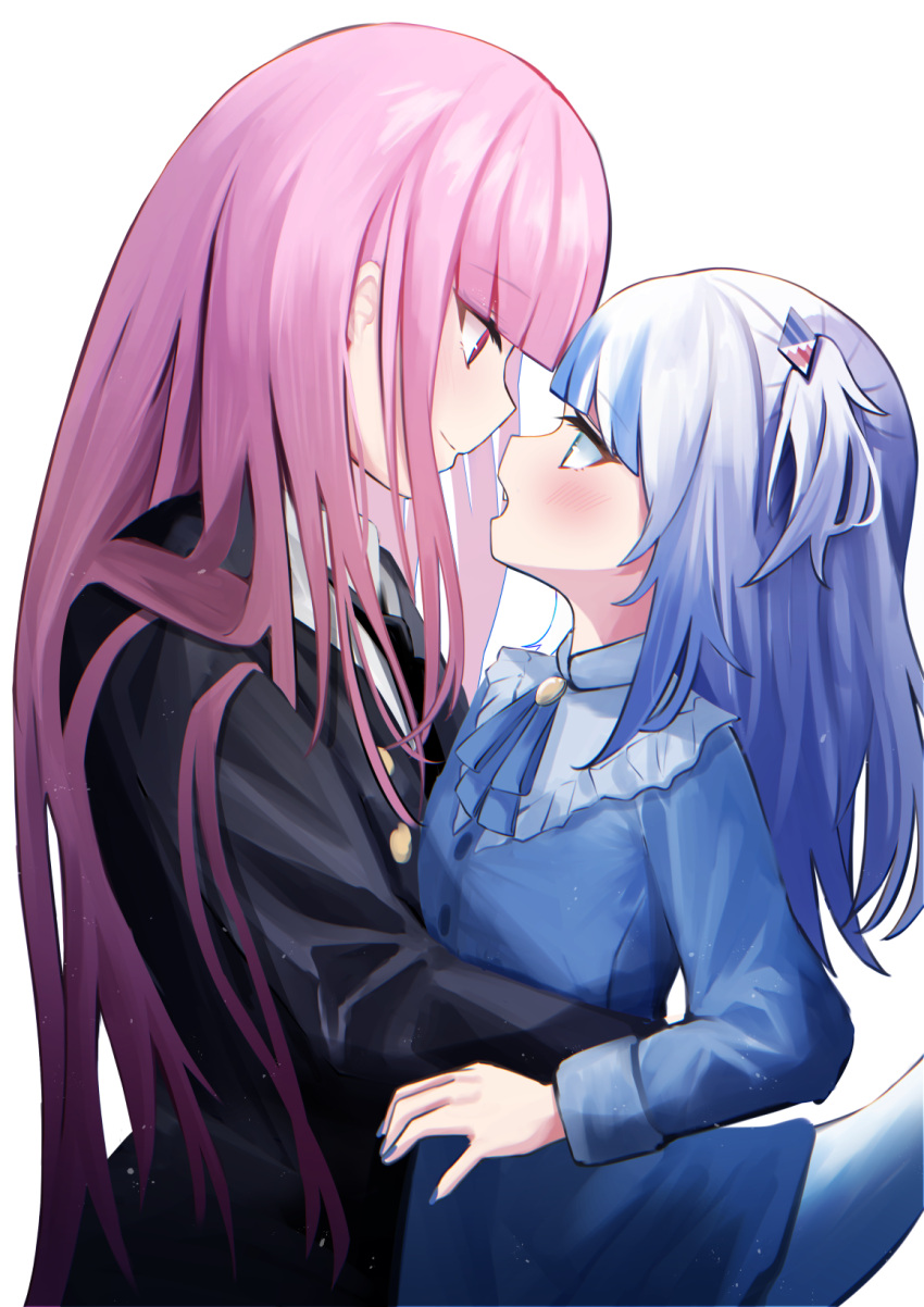 2girls bangs black_suit blue_bow blue_hair blue_shirt blunt_bangs blush bow bowtie closed_mouth collared_shirt commentary_request eye_contact eyebrows_visible_through_hair fish_tail flat_chest formal from_side gawr_gura hair_ornament highres hololive hololive_english hug long_hair long_sleeves looking_at_another medium_hair messy_hair mori_calliope multiple_girls open_mouth pink_hair red_eyes shark_tail shirt side_ponytail sidelocks smile suit tail upper_body virtual_youtuber white_background wing_collar yuri yuzuno_kaori