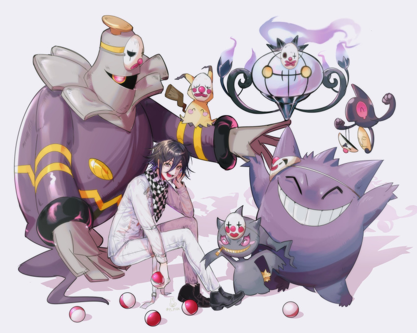 1boy :d ^_^ ahoge banette bangs black_footwear black_hair blush_stickers chandelure checkered checkered_scarf cheek_rest closed_eyes clown_mask colored_sclera commentary cosplay crossover dangan_ronpa_(series) dangan_ronpa_v3:_killing_harmony dice_members_(dangan_ronpa) dice_members_(dangan_ronpa)_(cosplay) dusknoir fire food gen_1_pokemon gen_3_pokemon gen_4_pokemon gen_5_pokemon gen_7_pokemon gengar gloves grin hair_between_eyes highres holding holding_mask holding_poke_ball jacket long_sleeves looking_at_viewer male_focus mask mimikyu open_mouth ouma_kokichi pants poke_ball poke_ball_(basic) pokemon pokemon_(creature) ps_872dg purple_hair purple_sclera red_eyes red_sclera scarf shiny shiny_hair shoes simple_background sitting smile standing teeth white_jacket white_pants yamask