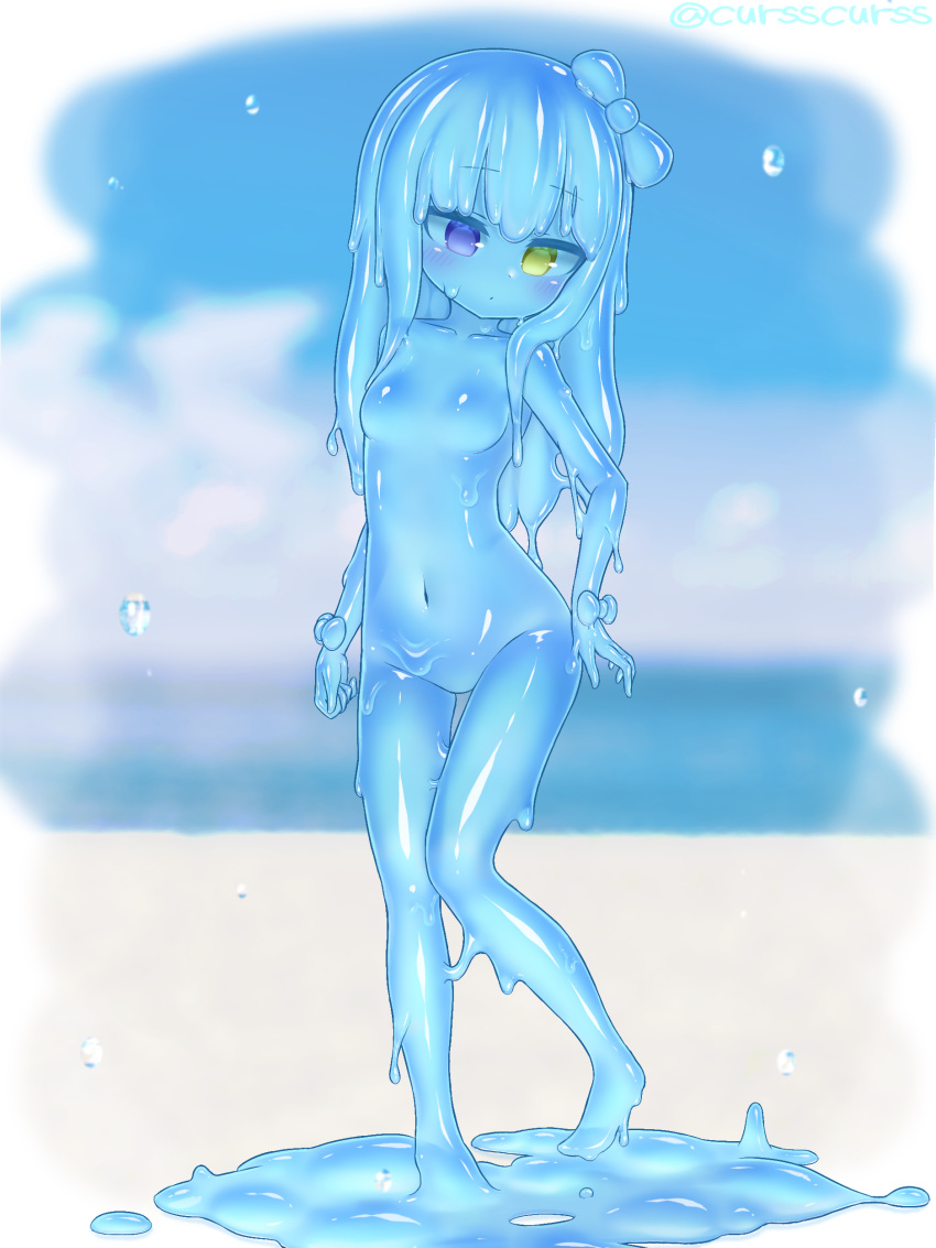 1girl absurdres barefoot blue_hair blue_sclera blue_skin blurry blurry_background blush bow breasts closed_mouth colored_sclera colored_skin completely_nude contrapposto curss depth_of_field dot_mouth dot_nose full_body green_eyes hair_bow head_tilt heterochromia highres long_hair monster_girl navel no_nipples nude original slime_girl small_breasts solo standing thigh_gap violet_eyes wrist_bow