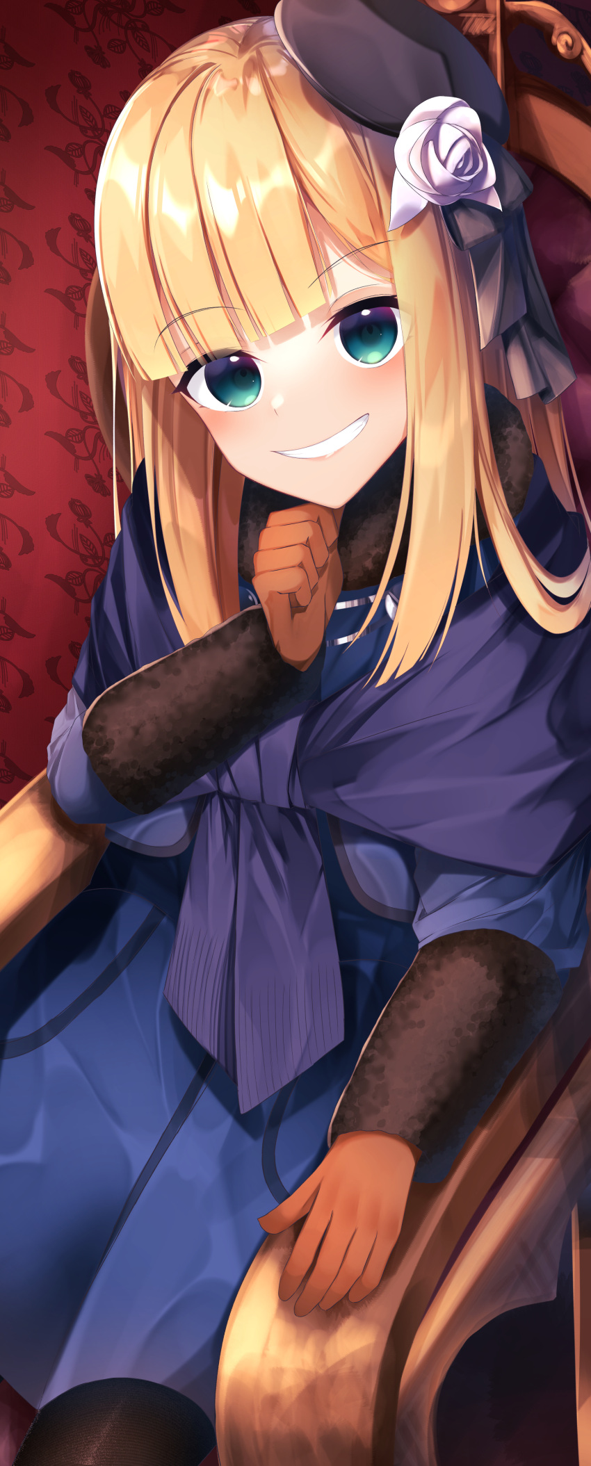 1girl absurdres armchair bangs black_headwear blonde_hair blue_jacket blush brown_gloves chair commentary_request eyebrows_visible_through_hair fate/grand_order fate_(series) flower from_above fur_collar gloves grin hair_flower hair_ornament hand_on_own_chin hand_up hat highres jacket long_hair long_sleeves looking_at_viewer lord_el-melloi_ii_case_files reines_el-melloi_archisorte rose sitting smile solo suisen-21 white_flower