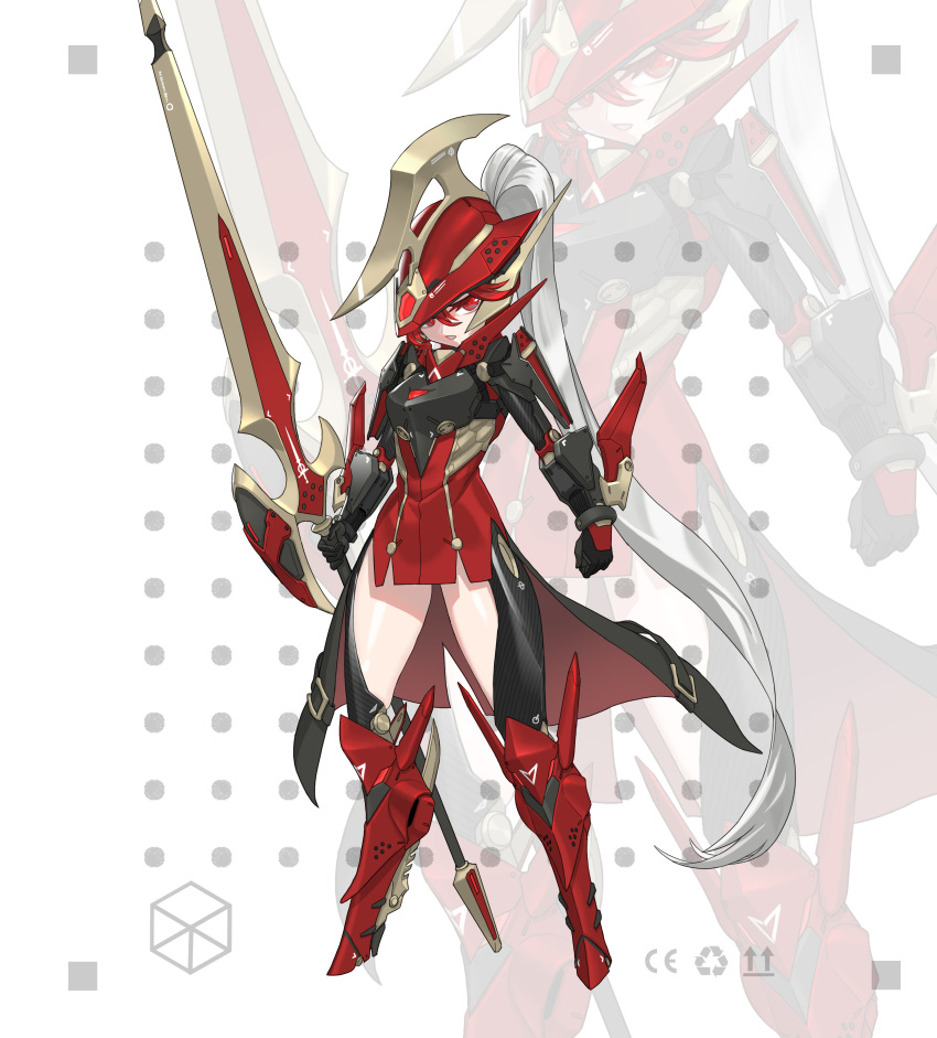 1girl absurdres armor breastplate full_body highres holding holding_spear holding_weapon jinyu_lao_honglingjin long_coat long_hair looking_at_viewer mecha_musume original polearm ponytail red_eyes solo spear standing thighs very_long_hair weapon white_background white_hair