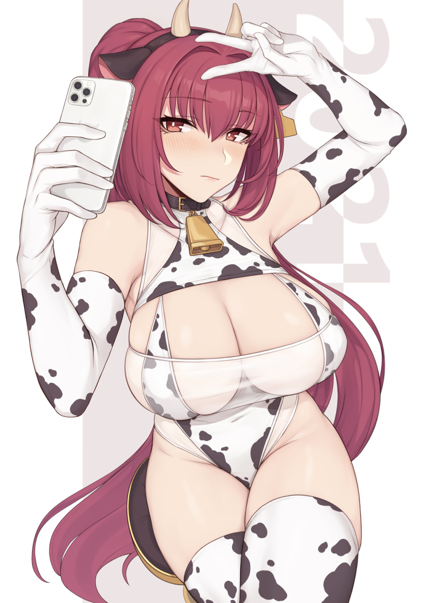 1girl 2021 animal_ears animal_print bangs bell bell_collar breasts cellphone collar cow_ears cow_horns cow_print elbow_gloves evan_yang fake_animal_ears fate/grand_order fate_(series) gloves hair_between_eyes hairband highleg highleg_leotard highres horns large_breasts leotard long_hair looking_at_viewer phone ponytail purple_hair red_eyes scathach_(fate) scathach_(fate)_(all) self_shot simple_background thigh-highs thighs v white_gloves white_legwear white_leotard