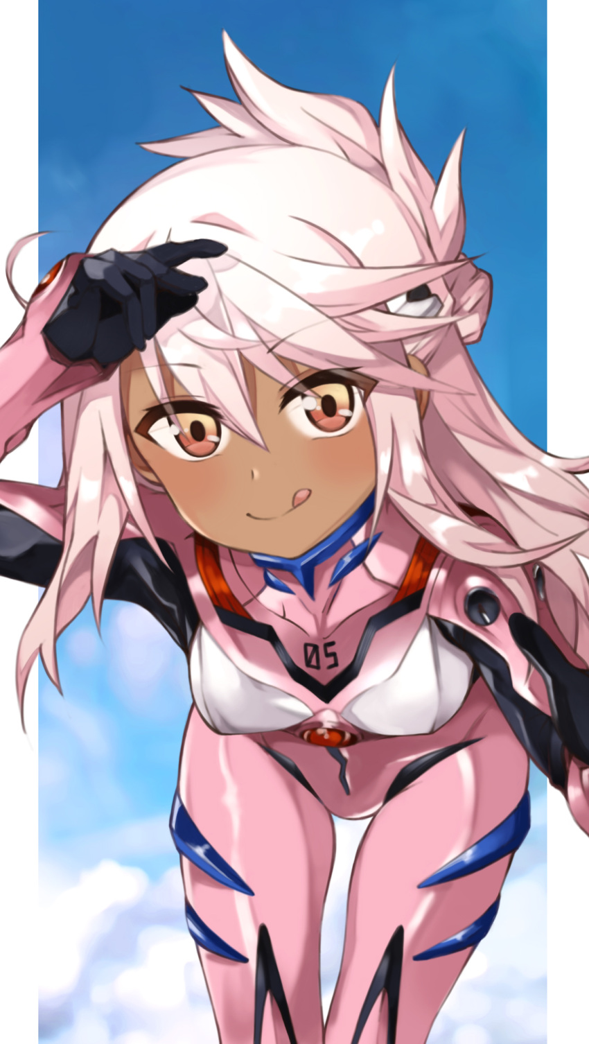 1girl bangs blue_sky blush bodysuit breasts chloe_von_einzbern cosplay dark_skin dark-skinned_female fate/kaleid_liner_prisma_illya fate_(series) half_updo highres leaning_forward licking_lips long_hair looking_at_viewer makinami_mari_illustrious makinami_mari_illustrious_(cosplay) mochi_(k620803n) neon_genesis_evangelion orange_eyes pink_bodysuit pink_hair plugsuit rebuild_of_evangelion sky small_breasts smile thighs tongue tongue_out