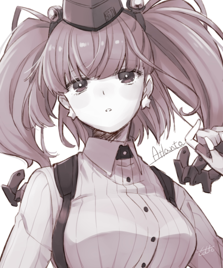 1girl absurdres artist_name atlanta_(kantai_collection) breasts buttons character_name earrings eyebrows_visible_through_hair garrison_cap gloves hat highres jewelry kantai_collection large_breasts long_hair long_sleeves monochrome partially_fingerless_gloves shirt signature simple_background solo star_(symbol) star_earrings suspenders totto_(naka) two_side_up upper_body white_background