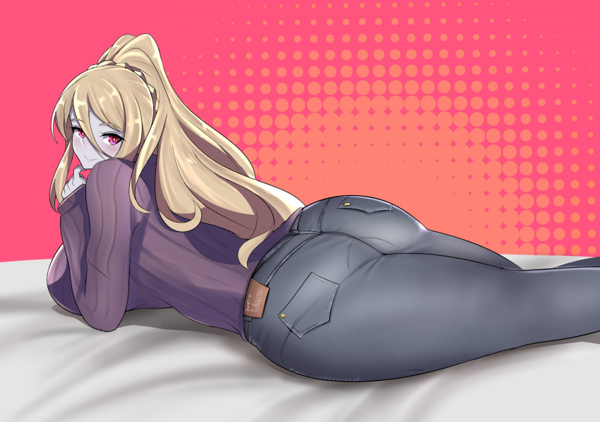 1girl altronage ass blonde_hair blush braid breasts closed_mouth colored_skin commission eyebrows eyebrows_visible_through_hair eyelashes grey_skin hair_between_eyes highres huge_ass huge_breasts large_breasts long_hair long_sleeves looking_at_viewer looking_back lying monster_girl monster_girl_encyclopedia on_stomach pants pink_eyes ponytail shadow smile solo sweater wight_(monster_girl_encyclopedia)