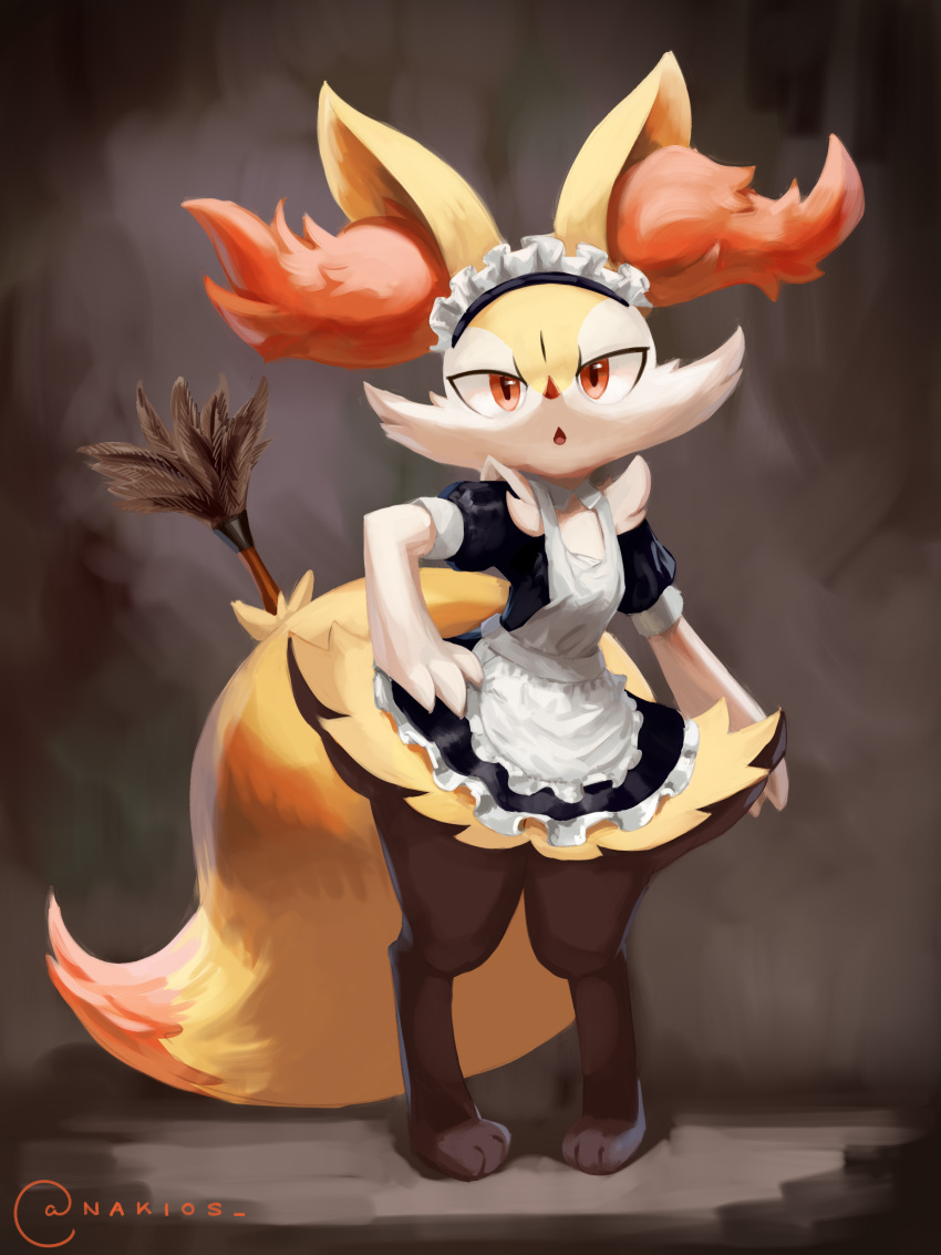 1girl absurdres alternate_costume animal_ear_fluff animal_ears animal_nose apron artist_name barefoot black_dress black_fur body_fur braixen breasts brown_background clothed_pokemon dress english_commentary enmaided feather_duster fox_ears fox_girl fox_tail frilled_dress frills full_body furry gen_6_pokemon hand_on_hip highres looking_at_viewer maid maid_apron maid_headdress nakios open_mouth paws pigeon-toed pokemon pokemon_(creature) puffy_short_sleeves puffy_sleeves red_eyes short_dress short_sleeves signature simple_background small_breasts snout solo standing tail twitter_username white_apron white_fur yellow_fur