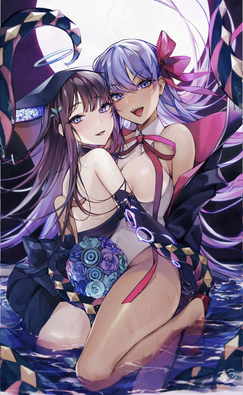 2girls ass back bangs bare_shoulders bb_(fate)_(all) bb_(swimsuit_mooncancer)_(fate) black_coat black_dress black_gloves black_headwear blue_eyes blunt_bangs blush breasts center_opening coat dark_skin dress elbow_gloves fate/grand_order fate_(series) gloves hair_ornament hair_ribbon highleg highleg_leotard highres large_breasts leaf_hair_ornament leotard long_hair looking_at_viewer mishasimarina0130 multiple_girls neck_ribbon open_clothes open_coat open_mouth popped_collar purple_hair red_ribbon ribbon smile tan tentacles thighs very_long_hair violet_eyes water white_gloves white_leotard yang_guifei_(fate)