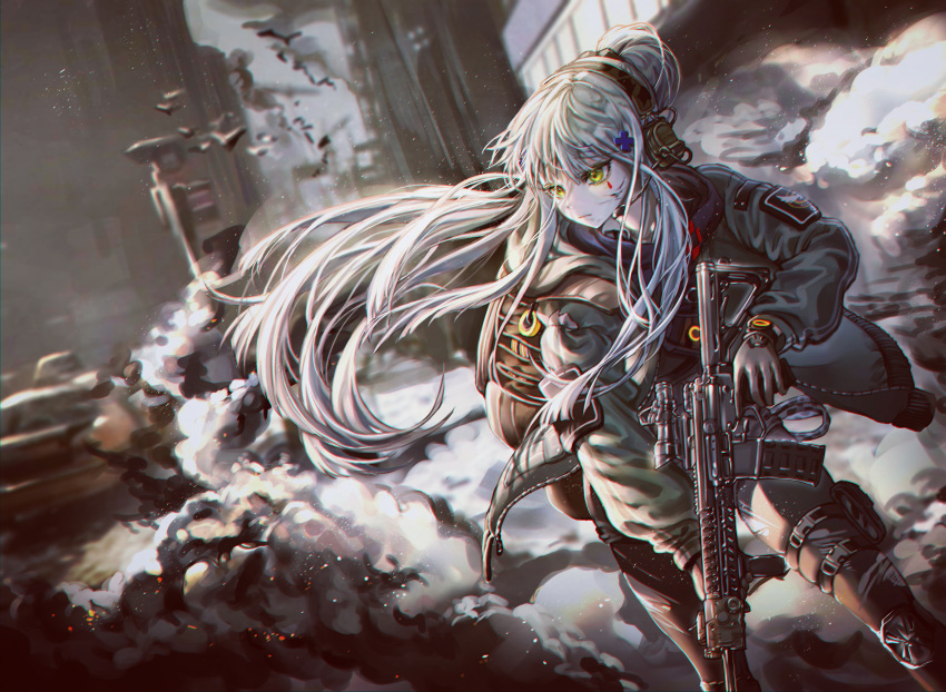 1girl absurdres assault_rifle backpack bag black_gloves blurry building car cinders city cityscape coat depth_of_field dutch_angle girls_frontline gloves green_coat grey_sky ground_vehicle gun h&amp;k_hk416 hair_bun headset highres hk416_(girls_frontline) holding holding_gun holding_weapon ind_(121) lamppost long_hair motor_vehicle patches rifle sidelocks smoke solo tactical_clothes trigger_discipline very_long_hair weapon white_hair yellow_eyes