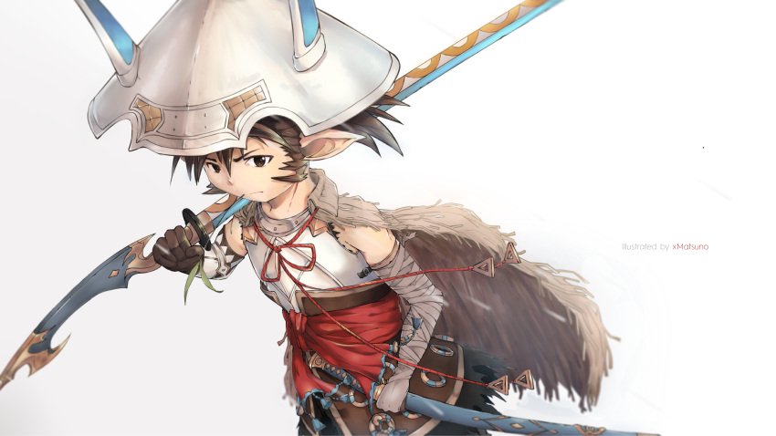 1boy absurdres arm_wrap brown_cape brown_gloves brown_hair cape dual_wielding gloves granblue_fantasy harvin helmet highres holding long_hair male_focus over_shoulder pointy_ears sevilbarra sheath sheathed sideburns simple_background solo standing sword t-ryu weapon white_background