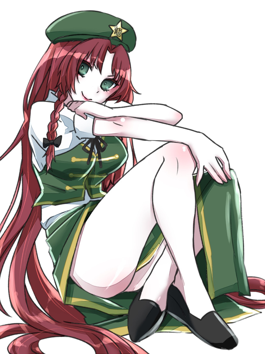 1girl bare_legs beret braid china_dress chinese_clothes dress flats green_eyes hat hat_ornament highres hong_meiling kae_(hyugafire) long_hair puffy_short_sleeves puffy_sleeves redhead short_sleeves smile star_(symbol) star_hat_ornament touhou twin_braids