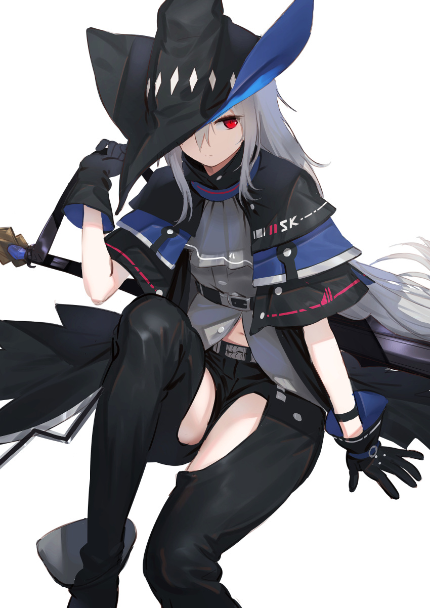 1girl arknights arm_cuffs ascot belt black_cloak black_gloves black_headwear black_neckwear black_pants black_shirt boots bracelet breasts claymore_(sword) cloak closed_mouth clothing_cutout expressionless eyebrows_visible_through_hair gloves hair_between_eyes hat highres jewelry knee_up long_hair looking_at_viewer medium_breasts one_eye_covered pants red_eyes shirt sideways_glance silver_hair simple_background sitting skadi_(arknights) solo thigh_cutout thigh_strap thighs very_long_hair wasabi60 weapon white_background