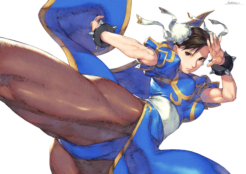 1girl black_eyes blue_dress bracelet breasts bright_pupils brown_hair brown_legwear bun_cover chun-li closed_mouth double_bun dress faux_traditional_media fighting_stance fine_fabric_emphasis hands_up highres incoming_attack jewelry kotatsu_(g-rough) large_breasts looking_at_viewer pantyhose pelvic_curtain sash short_hair signature simple_background solo spiked_bracelet spikes standing standing_on_one_leg street_fighter white_background white_pupils white_sash
