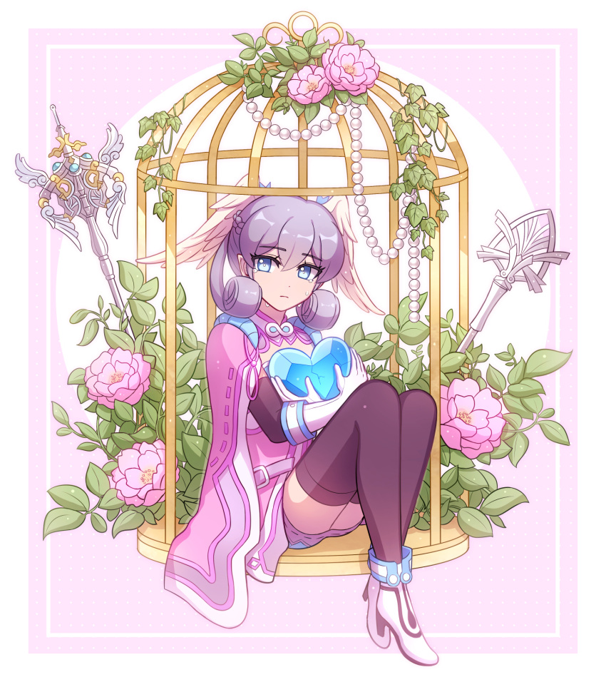 1girl birdcage black_legwear blue_eyes blue_heart border cage cape dress enni flower frown full_body gloves head_wings heart high_heels highres layered_gloves melia_antiqua no_hat no_headwear pink_flower short_dress silver_hair sitting solo staff tears thigh-highs white_border white_footwear white_gloves xenoblade_chronicles xenoblade_chronicles_(series)