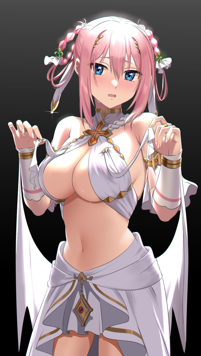 1girl absurdres black_background blue_eyes braid breasts eyebrows_visible_through_hair gou_d hair_between_eyes hair_ornament hair_rings hands_up highres large_breasts looking_at_viewer navel open_mouth pink_hair princess_connect! princess_connect!_re:dive short_hair simple_background solo under_boob yui_(princess_connect!)