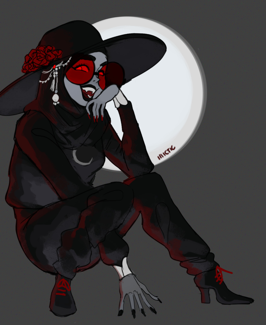 black_lipstick crescent_moon fangs fingernails flower full_moon glasses hat high_heels highres hijab illicticsart lipstick long_fingernails makeup moon original pale_skin red_eyes thick_thighs thighs vampire