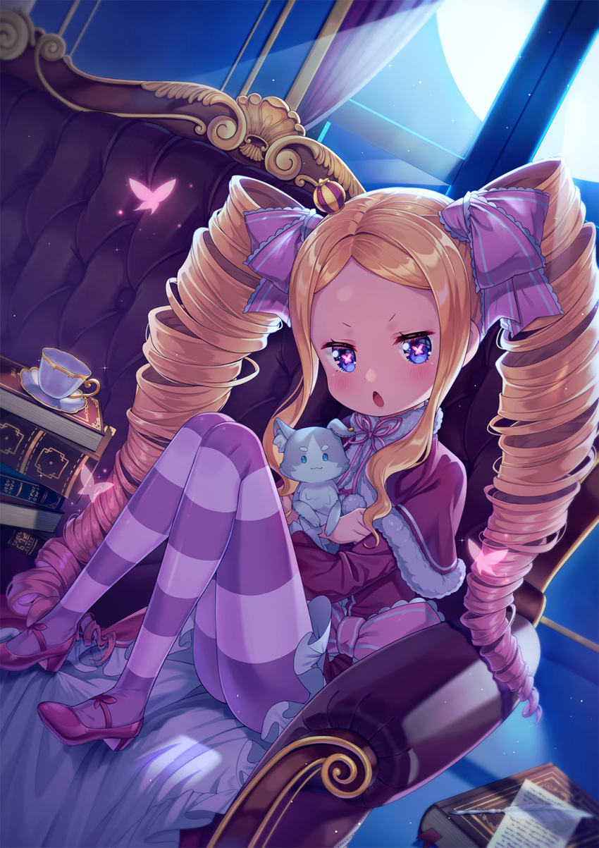 1girl :o beatrice_(re:zero) blonde_hair blue_eyes blush book bow bug butterfly capelet crown cup dress drill_hair forehead hair_ribbon highres indoors insect knees_up long_hair long_sleeves looking_at_viewer mini_crown night open_mouth pantyhose pine_(angel4195202) re:zero_kara_hajimeru_isekai_seikatsu ribbon sitting striped striped_legwear symbol-shaped_pupils twin_drills twintails window