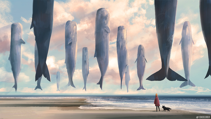 1other animal arizuka_(13033303) clouds cloudy_sky day dog facing_away fish floating flying_whale from_behind horizon light_rays ocean original outdoors pixiv_id scenery short_hair sky sperm_whale standing whale wide_shot