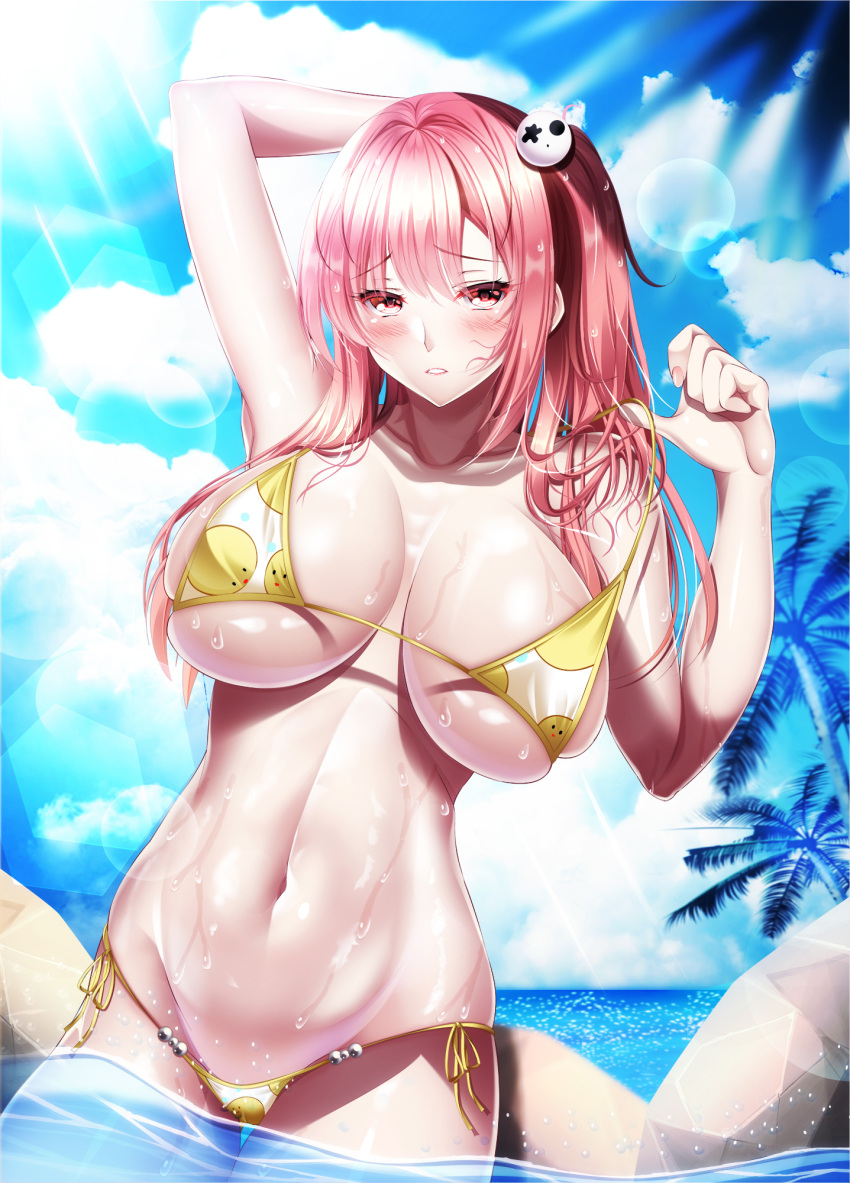 1girl armpits arms_up azur_lane bangs bare_arms bikini breasts collarbone commentary_request cowboy_shot eyebrows_visible_through_hair hair_ornament highres honoka_(doa) large_breasts lens_flare looking_at_viewer medium_hair navel ocean outdoors palm_tree parted_lips partially_submerged pink_hair print_bikini red_eyes rock skindentation skull_hair_ornament solo standing sunlight swimsuit swimsuit_pull swimwear teeth thighs tree under_boob wading wet yellow_bikini yuuzuki_hijiri