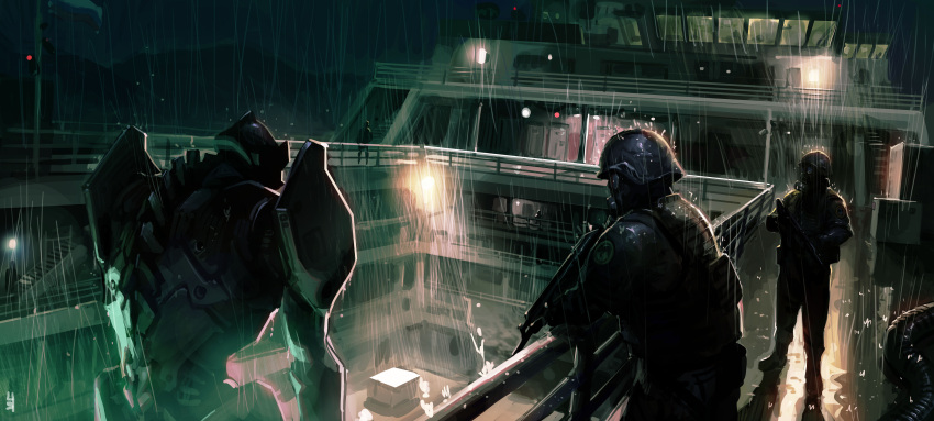 3boys absurdres boots cargo check_copyright copyright_request door flag goggles gun hand_up highres holding holding_gun holding_weapon hose letro mecha multiple_boys night original outdoors railing rain science_fiction ship signature soldier spine stairs submachine_gun tactical_clothes walkway watercraft weapon wet window