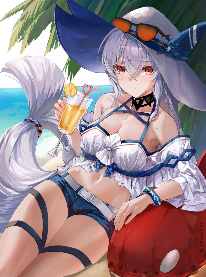 1girl absurdres arknights bangs bare_shoulders black_choker blue_shorts choker commentary crop_top cup drinking_glass drinking_straw eyewear_on_head hair_between_eyes highres holding holding_cup inflatable_orca inflatable_toy lims_(neko2lims) long_hair looking_at_viewer low-tied_long_hair midriff navel off-shoulder_shirt off_shoulder orange_eyes shirt short_shorts short_sleeves shorts silver_hair skadi_(arknights) skadi_(waverider)_(arknights) solo stomach sunglasses thigh_strap thighs very_long_hair white_headwear white_shirt