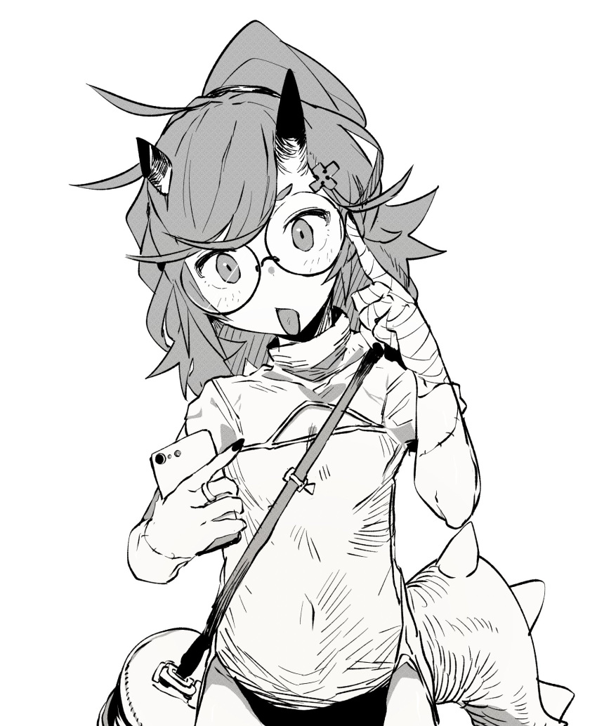 1girl :p adjusting_eyewear bag bandaged_arm bandages breasts cellphone cleavage_cutout clothing_cutout covered_navel ddari fingernails glasses greyscale hair_ornament hairclip hand_up head_tilt highres holding holding_phone horns jewelry lizard_girl_(darii) lizard_tail looking_at_viewer monochrome nail_polish original phone ponytail ring round_eyewear shoulder_bag simple_background small_breasts smartphone solo spiked_tail tail tongue tongue_out white_background
