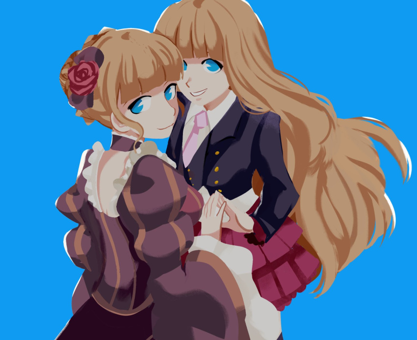 1girl alternate_costume alternate_hairstyle beatrice_(umineko) blonde_hair blue_eyes braid braided_bun choker collared_dress dress dual_persona flower frilled_choker frilled_dress frills gativ0 hair_flower hair_ornament highres juliet_sleeves long_hair long_sleeves pink_neckwear puffy_sleeves skirt umineko_no_naku_koro_ni