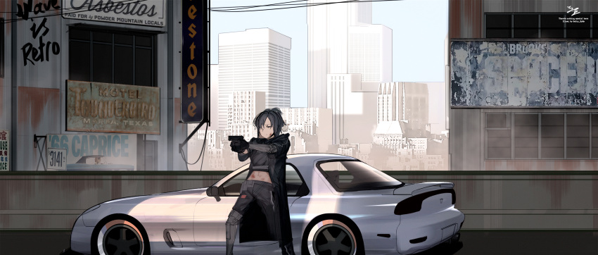 1girl ad aiming angelia_(girls_frontline) belt_pouch black_hair black_jacket building car city cityscape day girls_frontline gloves ground_vehicle gun hair_over_one_eye handgun highres holding holding_gun holding_weapon injury jacket long_jacket mechanical_arm mechanical_leg midriff motor_vehicle navel open_clothes open_jacket outdoors pants pouch prosthesis salty_eyes scar sign solo sports_car vehicle_request weapon