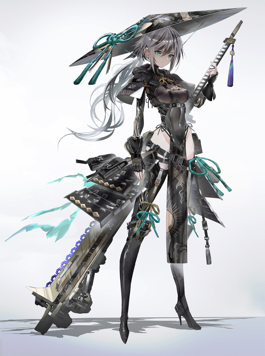 1girl aqua_bow bangs black_headwear boots bow breasts covered_navel green_eyes grey_hair hat high_heel_boots high_heels highres holding holding_sword holding_weapon hood looking_down medium_breasts original science_fiction sidelocks skin_tight solo standing swav sword thigh-highs thigh_boots tied_hair weapon