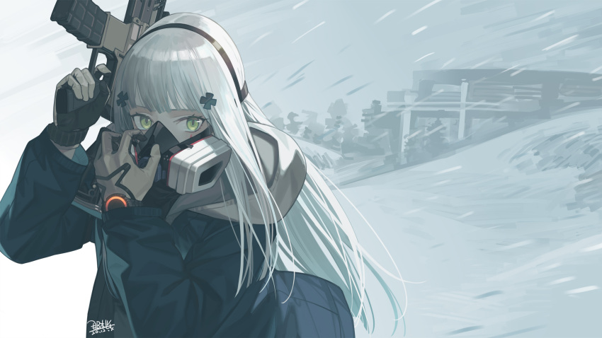 assault_rifle blue_coat coat dated gas_mask girls_frontline gloves green_eyes grey_hair gun h&amp;k_hk416 highres hk416_(girls_frontline) holding holding_gun holding_weapon hood long_hair long_sleeves mask outdoors rifle seyana signature snowing weapon