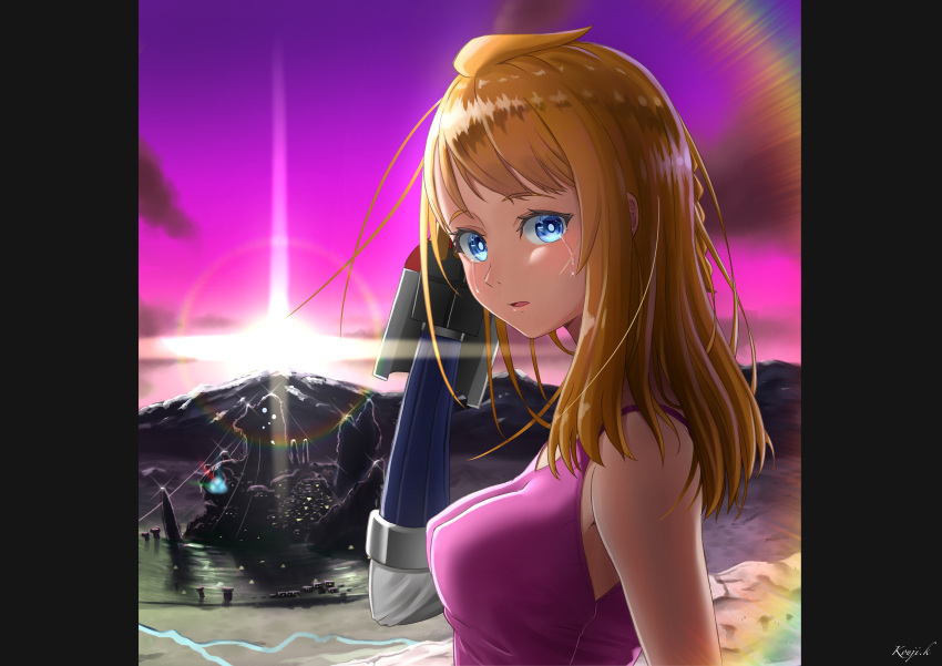 1girl absurdres arm_up artist_name blue_eyes braid breasts crying crying_with_eyes_open decadence_(anime) hand_up highres huge_filesize kayama_kouji lens_flare long_hair looking_at_viewer medium_breasts natsume_(decadence) outdoors pink_sky prosthesis prosthetic_arm solo standing sunset tank_top tears