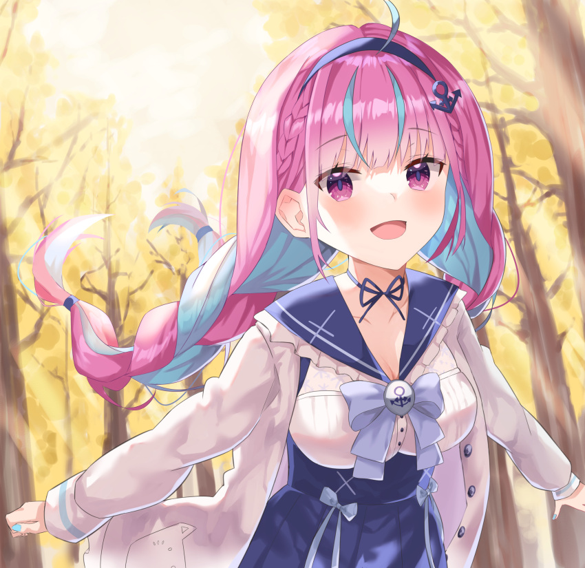 1girl :d ahoge anchor_symbol bangs blue_hair blush braid breasts colored_inner_hair eyebrows_visible_through_hair forest hair_ribbon highres hololive large_breasts leaf long_hair looking_at_viewer minato_aqua multicolored_hair nail_polish nature open_mouth purple_hair ribbon school_uniform smile solo sutei_(arece15) tree twintails two-tone_hair uniform violet_eyes virtual_youtuber
