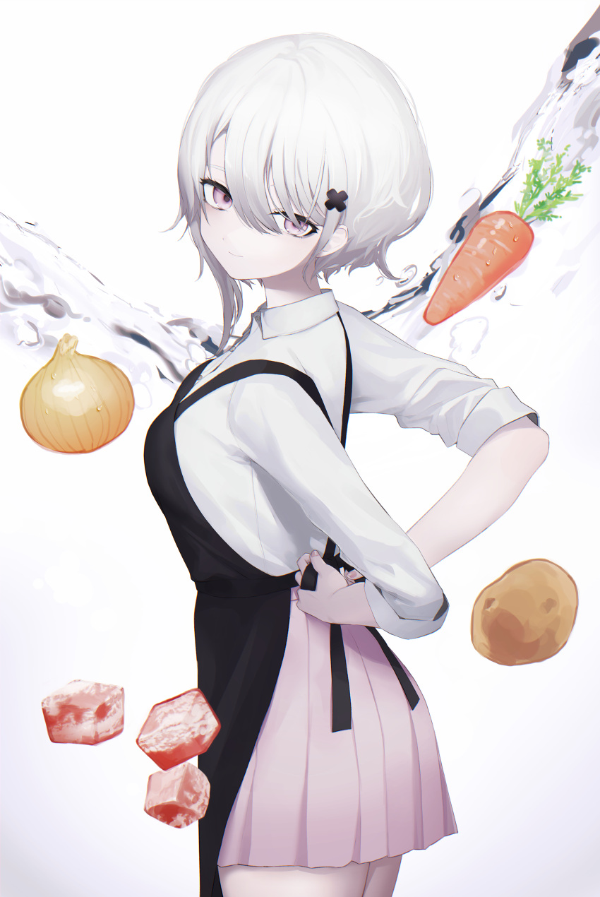 1girl absurdres apron black_apron carrot closed_mouth cowboy_shot fingernails from_side grey_hair hair_between_eyes highres long_sleeves looking_at_viewer looking_to_the_side medium_hair migihidari_(puwako) miniskirt onion original pink_nails pink_skirt potato shirt skirt sleeves_pushed_up smile solo standing tying_apron violet_eyes water white_background white_shirt
