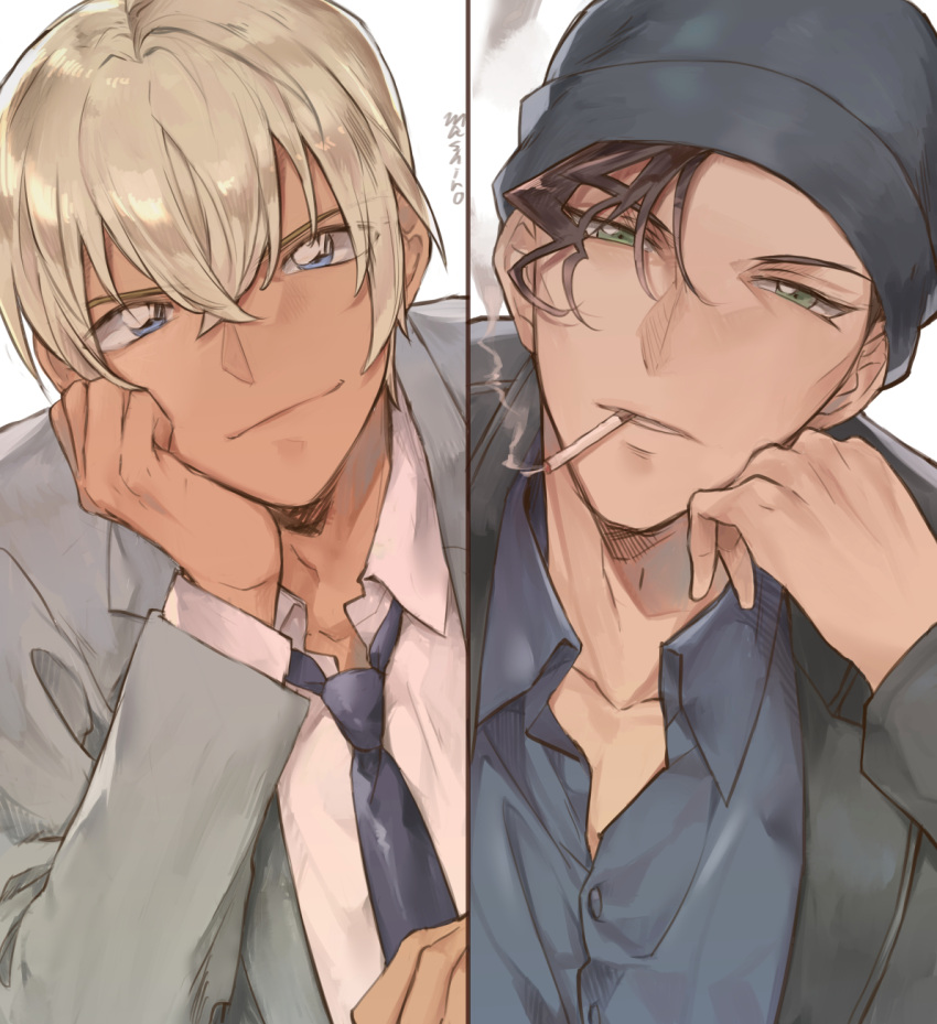 2boys akai_shuuichi amuro_tooru bangs beanie black_hair black_headwear black_jacket blonde_hair blue_eyes blue_neckwear blue_shirt buttons cigarette closed_mouth collarbone collared_shirt commentary dreaming182 dress_shirt eyebrows_visible_through_hair formal green_eyes grey_background grey_jacket grey_suit hair_between_eyes hand_on_own_cheek hand_on_own_face hand_up hat head_rest highres jacket long_sleeves looking_at_viewer loose_necktie male_focus meitantei_conan mouth_hold multiple_boys necktie parted_lips shirt short_hair signature smile split_screen suit upper_body white_shirt