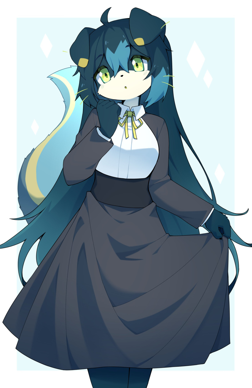 1girl absurdres ahoge animal_ears animal_nose bangs black_dress blue_background blue_fur blue_hair blush body_fur border breasts clenched_hand collared_shirt commentary commission devil-vox diamond_(shape) dog_ears dog_tail dress furry green_eyes hair_between_eyes hand_up head_tilt highres holding holding_clothes holding_dress jpeg_artifacts light_blush long_hair long_sleeves looking_at_viewer medium_breasts multicolored_hair neck_ribbon open_mouth original outside_border ribbon shirt sidelocks simple_background solo standing tail two-tone_background two-tone_fur two-tone_hair white_border white_fur white_shirt yellow_ribbon