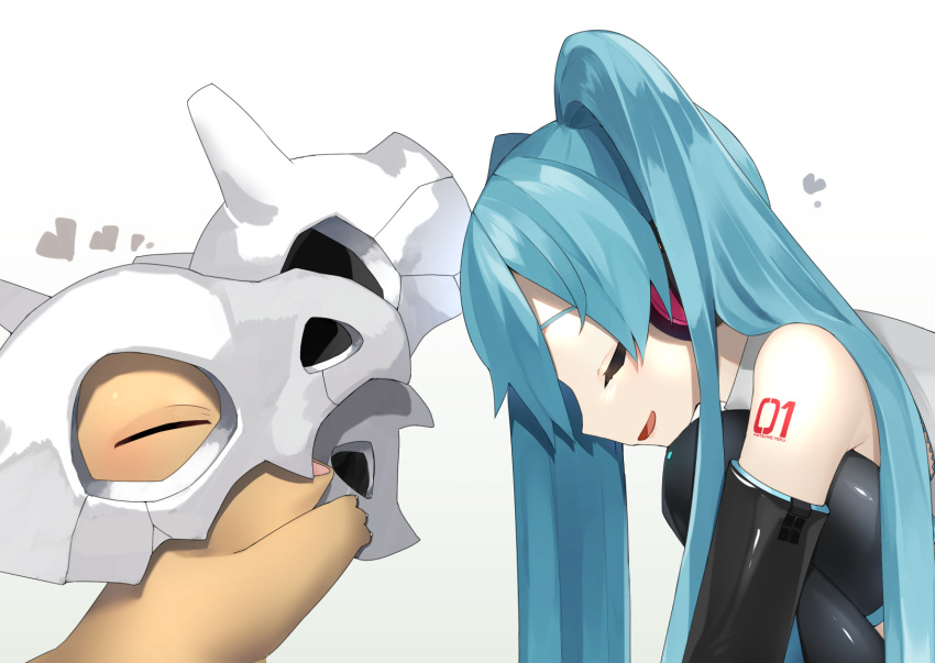 1girl bangs bare_shoulders black_gloves closed_eyes crossover cubone elbow_gloves eyelashes from_side gen_1_pokemon gloves grey_shirt hatsune_miku heart highres holding long_hair number_tattoo open_mouth pokemon pokemon_(creature) reirou_(chokoonnpu) shirt skull smile symbol_commentary tattoo tongue vocaloid