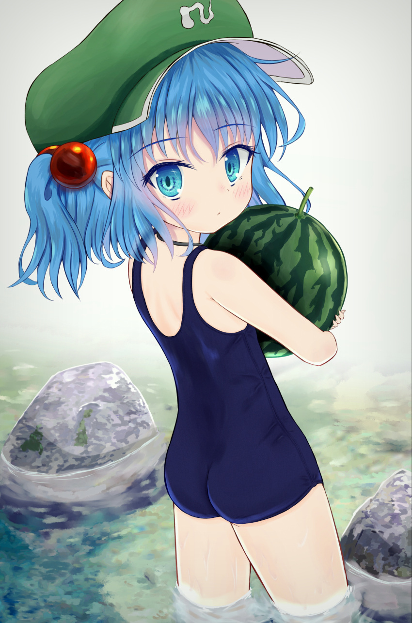 1girl alternate_costume ass bananannu blue_hair blue_swimsuit day flat_cap food from_behind fruit green_headwear grey_background hair_bobbles hair_ornament hat highres holding holding_food kawashiro_nitori looking_at_viewer looking_back one-piece_swimsuit outdoors rock school_swimsuit short_hair solo stream swimsuit touhou two_side_up wading watermelon