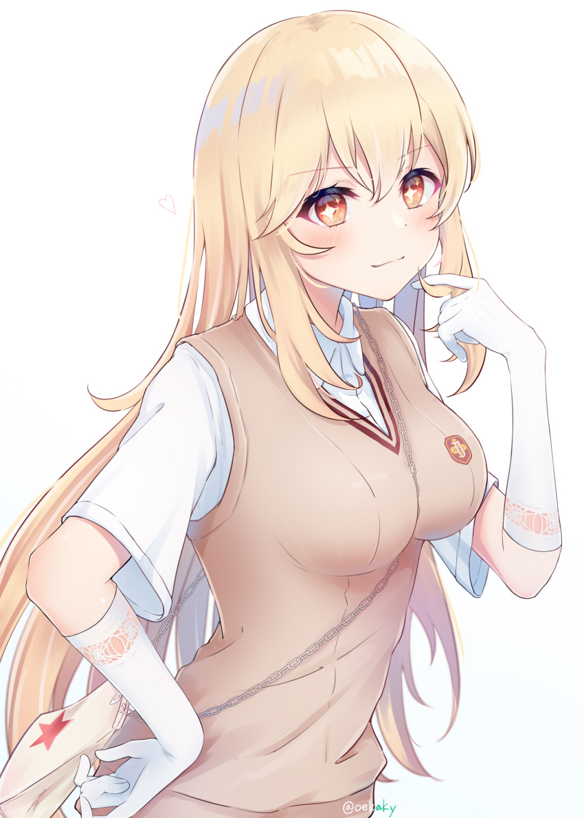 +_+ 1girl absurdres bangs blonde_hair blush breasts chain closed_mouth elbow_gloves eyebrows_visible_through_hair gloves hand_on_hip hand_to_own_mouth hand_up highres large_breasts long_hair looking_at_viewer school_uniform shokuhou_misaki short_sleeves simple_background smile solo star_(symbol) symbol-shaped_pupils toaru_kagaku_no_railgun toaru_majutsu_no_index white_background white_gloves yellow_eyes zky_(oekaky)