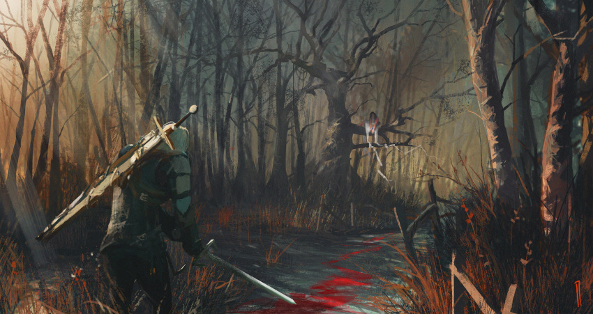 1boy 1girl armor belt blood fantasy forest from_behind geralt_of_rivia gloves grass highres holding holding_sword holding_weapon ismail_inceoglu monster_girl nature outdoors over_shoulder pants scenery sheath sheathed sitting_on_branch standing sunlight sword sword_behind_back the_witcher tree weapon weapon_on_back weapon_over_shoulder white_hair