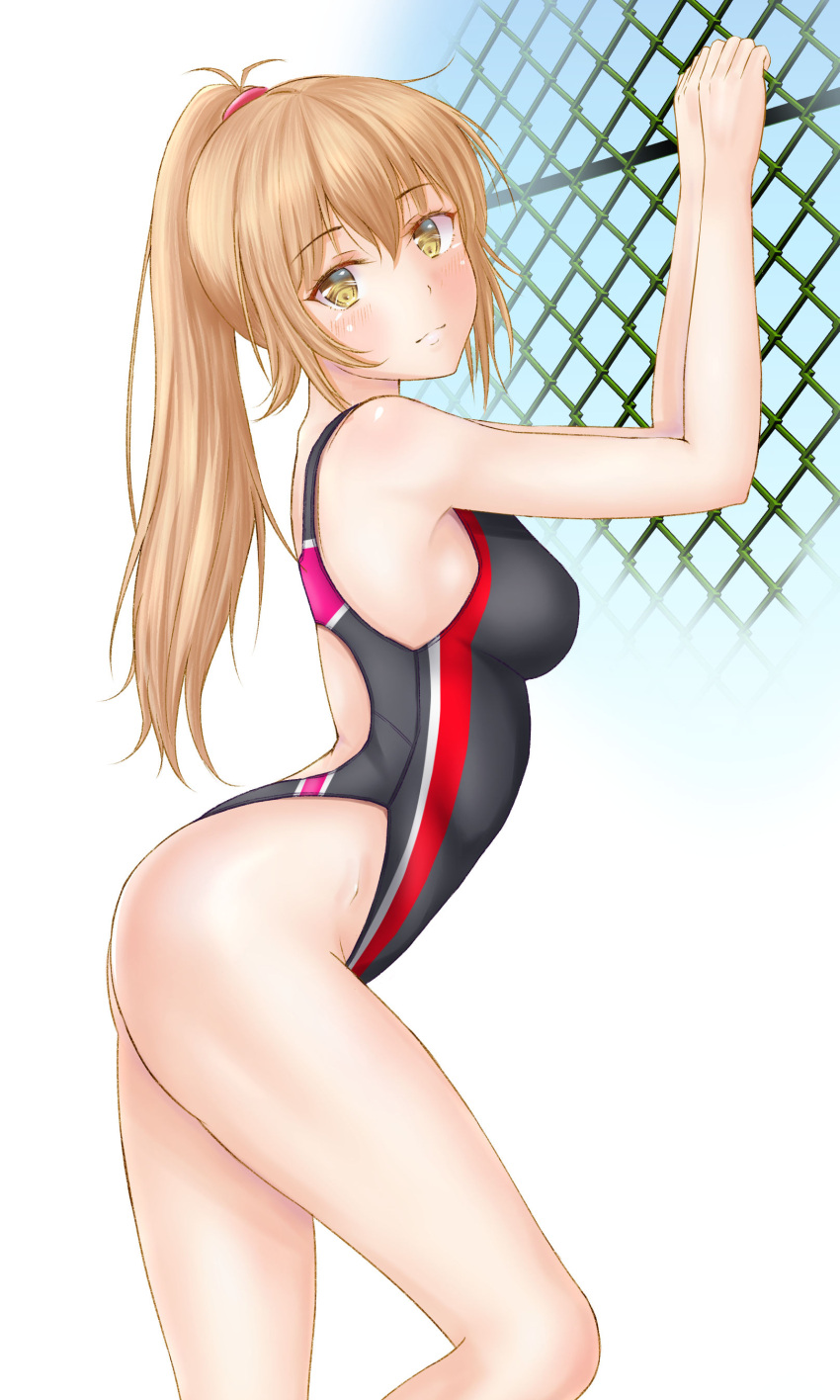 1girl absurdres black_swimsuit breasts brown_hair ca_paria chain-link_fence commentary_request competition_swimsuit cowboy_shot fence highleg highleg_swimsuit highres long_hair looking_at_viewer medium_breasts one-piece_swimsuit original ponytail solo standing swimsuit yellow_eyes