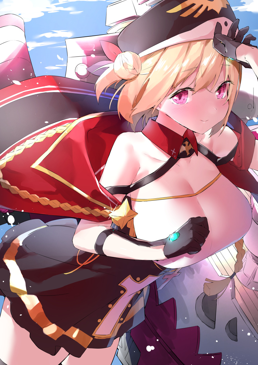 1girl absurdres azur_lane bangs bare_shoulders blonde_hair blush breasts commentary_request cotton_kanzaki gloves hair_bun hat highres large_breasts leipzig_(azur_lane) looking_at_viewer open_mouth retrofit_(azur_lane) rigging short_hair solo thigh-highs violet_eyes
