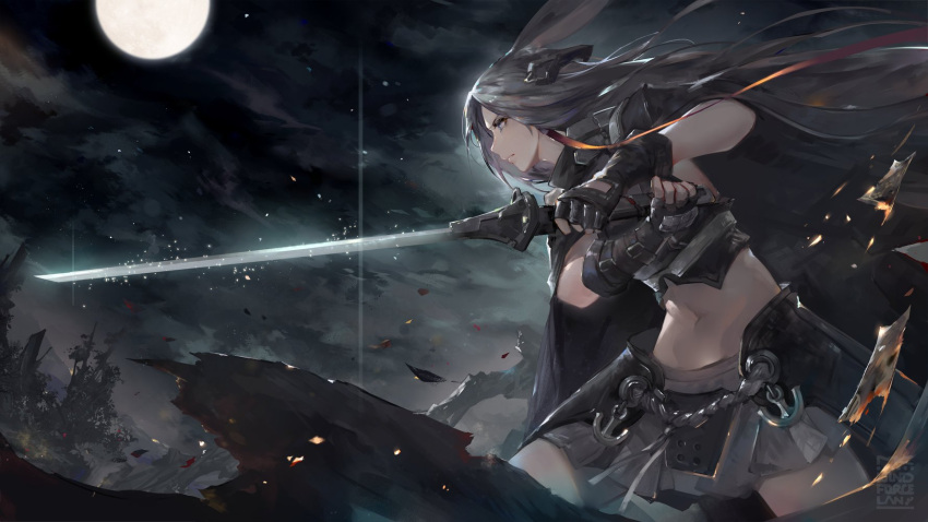 1girl animal_ears armor armored_dress azur_lane black_cape black_gloves blue_eyes burnt_clothes cape fingerless_gloves from_side gloves headgear highres hiryuu_meta_(azur_lane) holding holding_sword holding_weapon long_hair mkiiiiii moon moonlight navel night night_sky rabbit_ears silver_hair skirt sky sword weapon